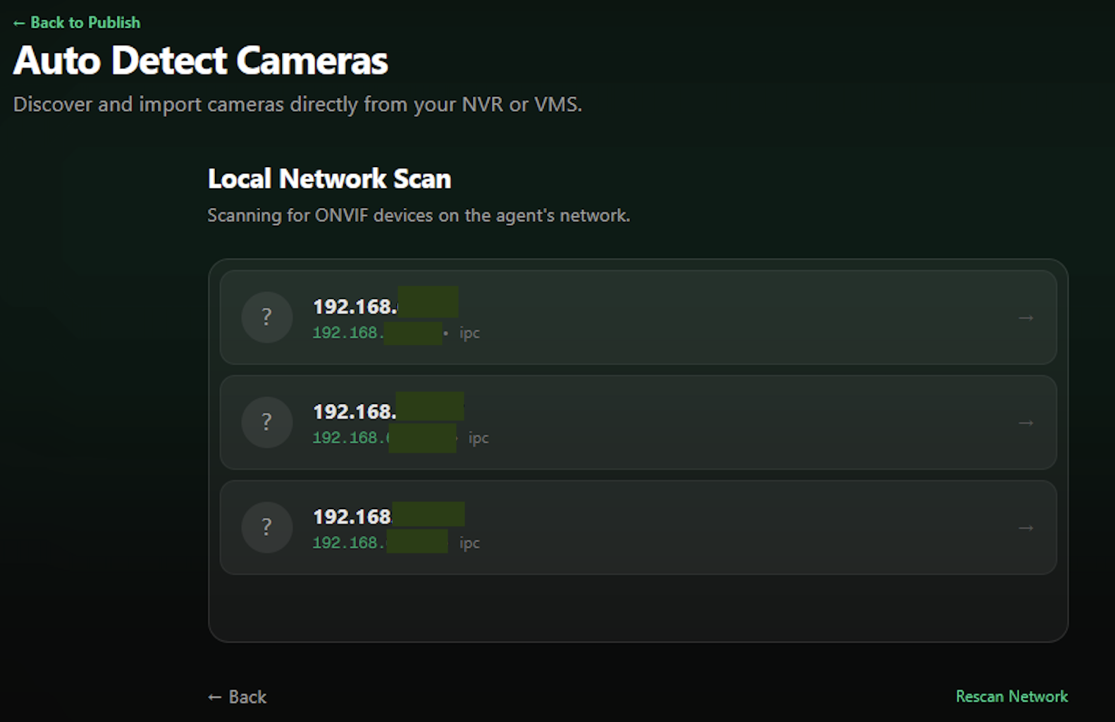 Discovered cameras list